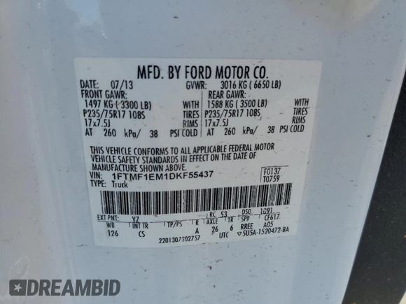 2013 Ford F-150 XL with VIN 1FTMF1EM1DKF55437, listed as a Copart auction lot 69893114 with Not Provided miles and Salvage Title. Bid and sale history available at DreamBid. Image 12.
