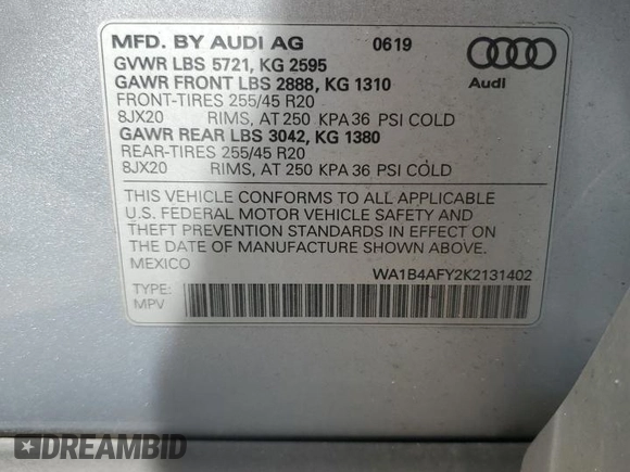 2019 Audi SQ5 Premium Plus with VIN WA1B4AFY2K2131402, listed as a Copart auction lot 54062965 with 32,639 mi miles and Salvage Title. Bid and sale history available at DreamBid. Image 14.