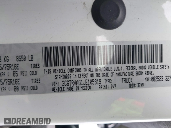 2018 Ram ProMaster Cargo with VIN 3C6TRVAG1JE105819, listed as a IAAI auction lot 41920111 with 185,025 mi miles and . Bid and sale history available at DreamBid. Image 9.