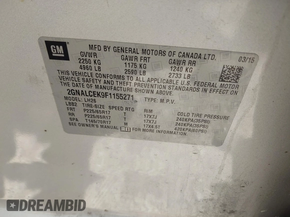 2015 Chevrolet Equinox LT with VIN 2GNALCEK9F1155271, listed as a IAAI auction lot 42122119 with 126,315 mi miles. Bid and sale history available at carsss.com. Image 9.