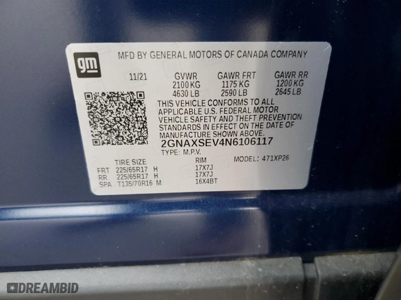 2022 Chevrolet Equinox LS with VIN 2GNAXSEV4N6106117, listed as a Copart auction lot 86970264 with 41,584 mi miles and Salvage Title. Bid and sale history available at carsss.com. Image 13.