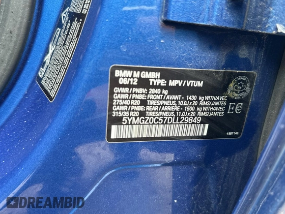 2013 BMW X6 M with VIN 5YMGZ0C57DLL29849, listed as a Copart auction lot 53517205 with 117,400 mi miles and Clean Title. Bid and sale history available at carsss.com. Image 10.