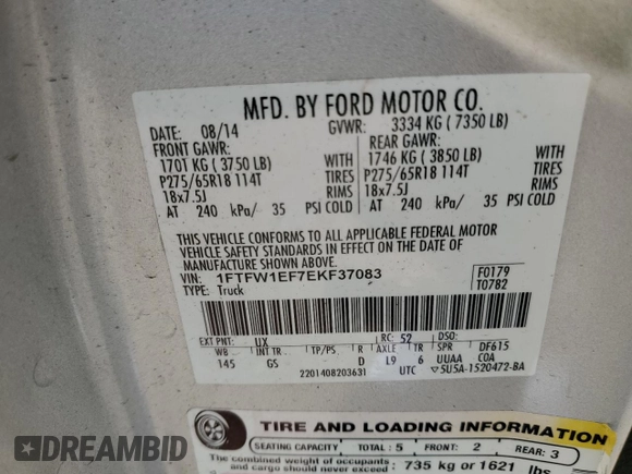 2014 Ford F-150 XL with VIN 1FTFW1EF7EKF37083, listed as a Copart auction lot 55211175 with 205,902 mi miles and Salvage title. Bid and sale history available at DreamBid. Image 12.