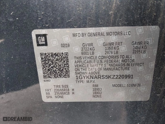 2019 Cadillac XT5 FWD with VIN 1GYKNARS5KZ220991, listed as a IAAI auction lot 41838908 with NaN miles. Bid and sale history available at carsss.com. Image 7.