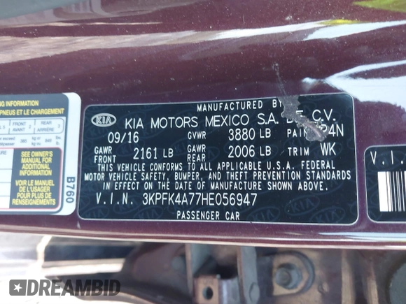 2017 Kia Forte LX with VIN 3KPFK4A77HE056947, listed as a IAAI auction lot 41768427 with 50,315 mi miles. Bid and sale history available at carsss.com. Image 9.