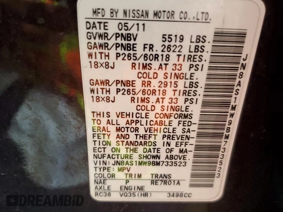 2011 Infiniti FX with VIN JN8AS1MW9BM733523, listed as a Copart auction lot 56670815 with 105,195 mi miles and Salvage title. Bid and sale history available at DreamBid. Image 14.