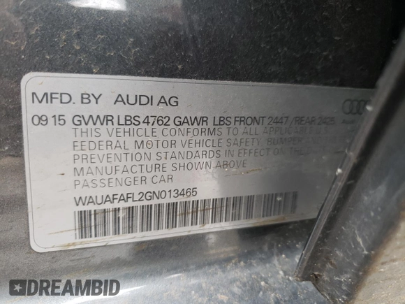 2016 Audi A4 Premium with VIN WAUAFAFL2GN013465, listed as a Copart auction lot 46416443 with 107,659 mi miles. Bid and sale history available at carsss.com. Image 13.