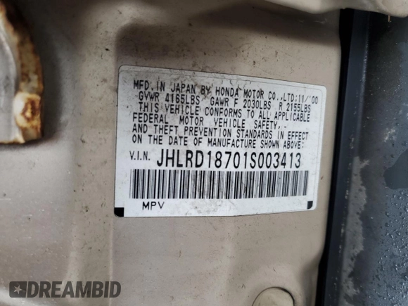 2001 Honda CR-V SE with VIN JHLRD18701S003413, listed as a Copart auction lot 42331875 with 191,476 mi miles and Salvage Title. Bid and sale history available at carsss.com. Image 13.