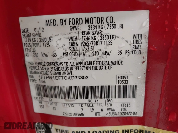 2012 Ford F-150 XL с VIN 1FTFW1EF7CKD33302, выставлен на аукционе IAAI как лот 41613044 с пробегом 97 926 миль миль и . История ставок и продаж доступна на DreamBid. Изображение 9.