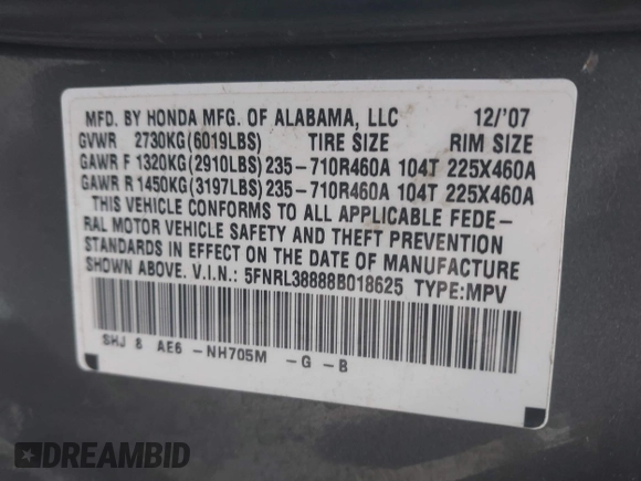 2008 Honda Odyssey Touring with VIN 5FNRL38888B018625, listed as a IAAI auction lot 41383235 with 215,255 mi miles. Bid and sale history available at carsss.com. Image 9.