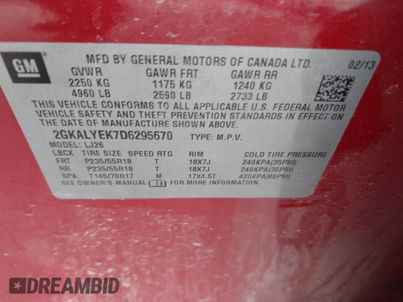 2013 GMC Terrain Denali with VIN 2GKALYEK7D6295670, listed as a IAAI auction lot 41965391 with 103,004 mi miles and . Bid and sale history available at DreamBid. Image 9.