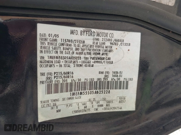 2005 Mercury Sable LS with VIN 1MEFM55S05A625228, listed as a IAAI auction lot 42429352 with Not provided miles and . Bid and sale history available at DreamBid. Image 9.
