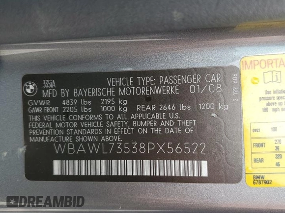 2008 BMW 3 Series 335i with VIN WBAWL73538PX56522, listed as a Copart auction lot 47389225 with 76,841 mi miles and Salvage Title. Bid and sale history available at carsss.com. Image 12.