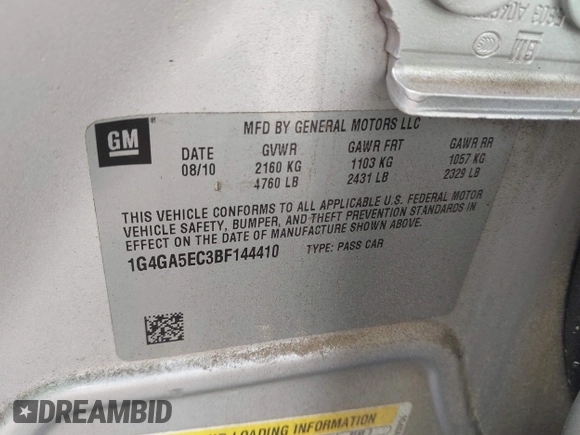 2011 Buick LaCrosse CX with VIN 1G4GA5EC3BF144410, listed as a IAAI auction lot 41905533 with 117,940 mi miles. Bid and sale history available at carsss.com. Image 9.