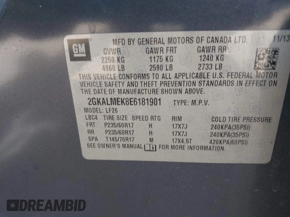 2014 GMC Terrain SLE z VIN 2GKALMEK8E6181901, wystawiony jako IAAI lot #42349925 z przebiegiem 158 822 mil mil oraz . Historia ofert i sprzedaży dostępna na DreamBid. Obrazek 9.