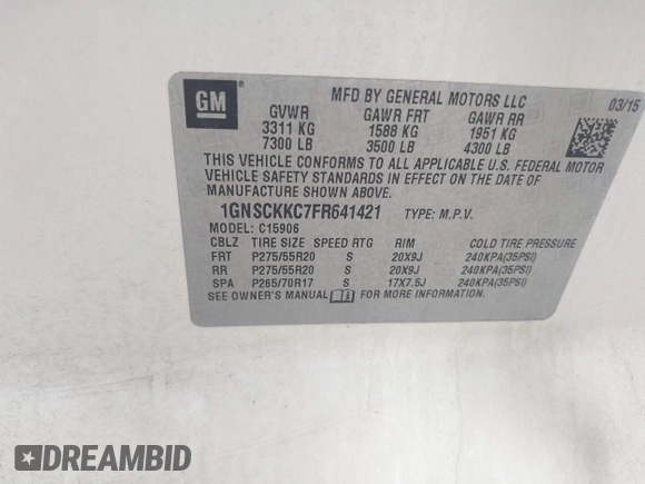 2015 Chevrolet Suburban LTZ with VIN 1GNSCKKC7FR641421, listed as a IAAI auction lot 41637137 with 139,001 mi miles and . Bid and sale history available at DreamBid. Image 9.