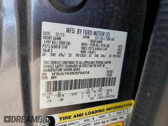 2013 Ford Expedition Limited with VIN 1FMJU1K55DEF64318, listed as a Copart auction lot 63519735 with 93,235 mi miles and Salvage title. Bid and sale history available at DreamBid. Image 13.