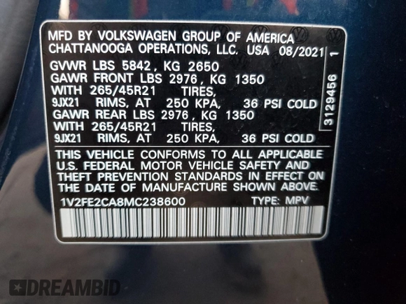 2021 Volkswagen Atlas SEL Premium R-Line with VIN 1V2FE2CA8MC238600, listed as a Copart auction lot 84416164 with 41,719 mi miles and Salvage title. Bid and sale history available at DreamBid. Image 14.