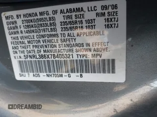 2007 Honda Odyssey EX-L z VIN 5FNRL386X7B405321, wystawiony jako IAAI lot #41703384 z przebiegiem 198 552 mil mil oraz . Historia ofert i sprzedaży dostępna na DreamBid. Obrazek 9.