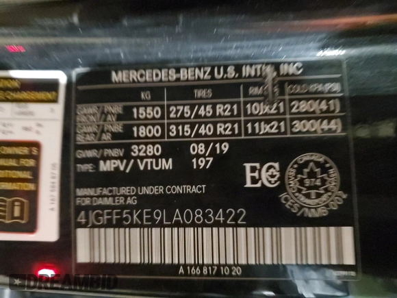 2020 Mercedes-Benz GLS 450 with VIN 4JGFF5KE9LA083422, listed as a Copart auction lot 54177924 with 98,594 mi miles and Salvage Title. Bid and sale history available at DreamBid. Image 14.