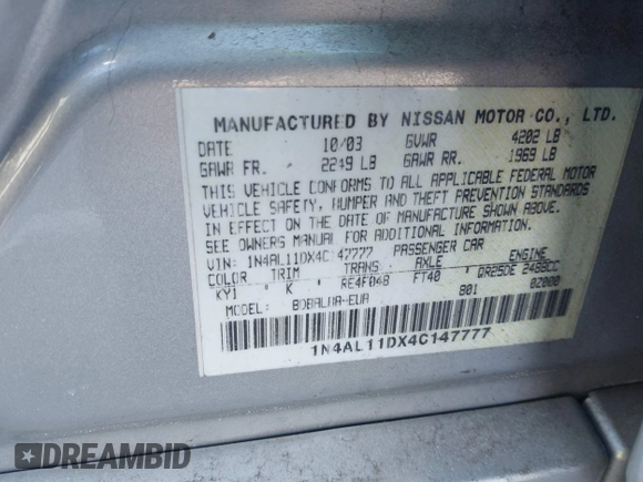 2004 Nissan Altima S with VIN 1N4AL11DX4C147777, listed as a IAAI auction lot 41646134 with 124,023 mi miles. Bid and sale history available at carsss.com. Image 9.