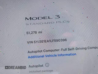 2020 Tesla Model 3 Standard Range Plus with VIN 5YJ3E1EA1LF590396, listed as a IAAI auction lot 41868089 with 51,278 mi miles. Bid and sale history available at carsss.com. Image 15.