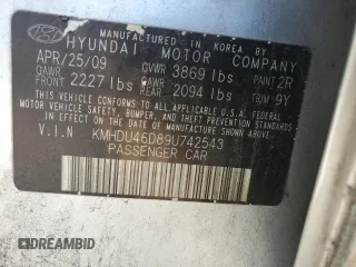 2009 Hyundai Elantra SE with VIN KMHDU46D89U742543, listed as a Copart auction lot 57424275 with 186,239 mi miles and Non repairable. Bid and sale history available at DreamBid. Image 12.