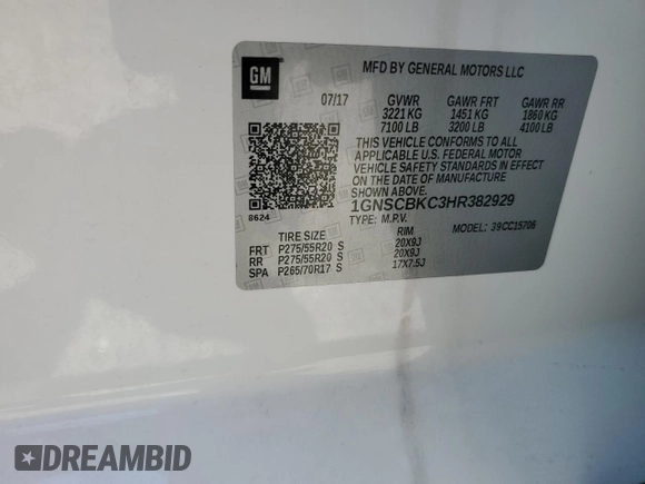 2017 Chevrolet Tahoe LT with VIN 1GNSCBKC3HR382929, listed as a Copart auction lot 61389485 with 110,539 mi miles and Salvage title. Bid and sale history available at DreamBid. Image 13.