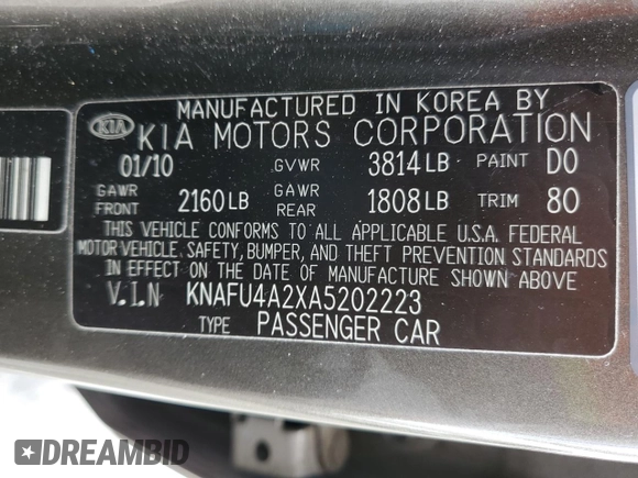 2010 Kia Forte EX with VIN KNAFU4A2XA5202223, listed as a Copart auction lot 54334725 with 168,250 mi miles and Clean Title. Bid and sale history available at carsss.com. Image 12.