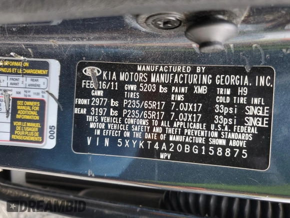 2011 Kia Sorento LX with VIN 5XYKT4A20BG158875, listed as a Copart auction lot 50928455 with 164,784 mi miles and Salvage Title. Bid and sale history available at DreamBid. Image 15.