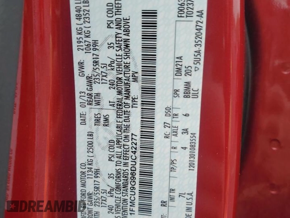 2013 Ford Escape SE with VIN 1FMCU9G96DUC42277, listed as a Copart auction lot 55596475 with 32,247 mi miles and Salvage Title. Bid and sale history available at DreamBid. Image 13.