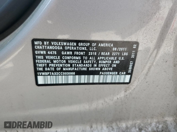 2012 Volkswagen Passat SE с VIN 1VWBP7A32CC003066, выставлен на аукционе Copart как лот 57179695 с пробегом 264 274 миль миль и Чистый • Clean title. История ставок и продаж доступна на DreamBid. Изображение 13.