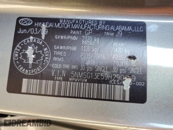 2009 Hyundai Santa Fe GL z VIN 5NMSG13E59H290329, wystawiony jako Copart lot #74808684 z przebiegiem 246 901 mil mil oraz Szkoda całkowita • Salvage title. Historia ofert i sprzedaży dostępna na DreamBid. Obrazek 13.