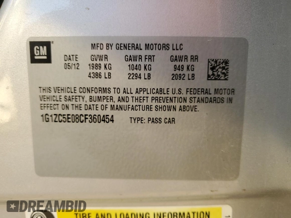 2012 Chevrolet Malibu 1LT with VIN 1G1ZC5E08CF360454, listed as a Copart auction lot 48777375 with 83,969 mi miles and Salvage Title. Bid and sale history available at DreamBid. Image 12.