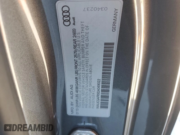2013 Audi S5 Premium Plus z VIN WAUCGAFR9DA049022, wystawiony jako Copart lot #88992455 z przebiegiem 140 439 mil mil oraz Szkoda całkowita • Salvage title. Historia ofert i sprzedaży dostępna na DreamBid. Obrazek 12.