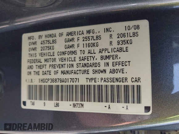 2009 Honda Accord EX-L with VIN 1HGCP36879A017071, listed as a IAAI auction lot 42107984 with 137,385 mi miles and . Bid and sale history available at DreamBid. Image 9.