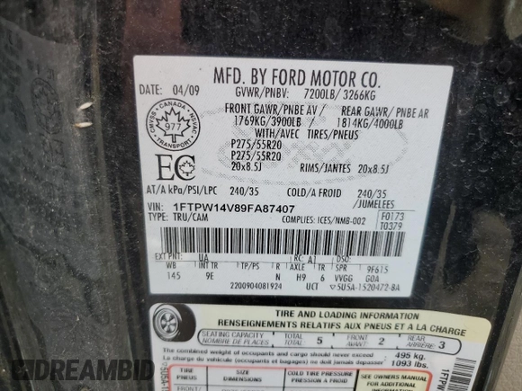 2009 Ford F-150 XL с VIN 1FTPW14V89FA87407, выставлен на аукционе Copart как лот 60138525 с пробегом 270 924 миль миль и Чистый • Clean title. История ставок и продаж доступна на DreamBid. Изображение 12.
