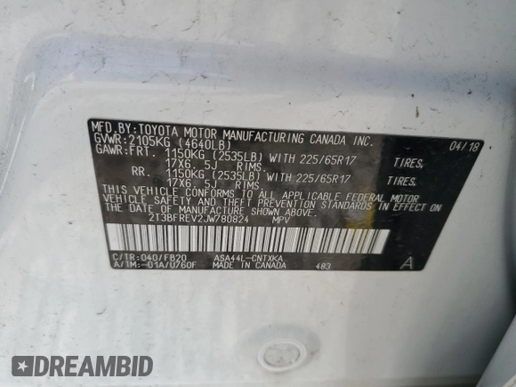 2018 Toyota RAV4 LE with VIN 2T3BFREV2JW780824, listed as a Copart auction lot 60258635 with 59,030 mi miles and Salvage title. Bid and sale history available at DreamBid. Image 14.