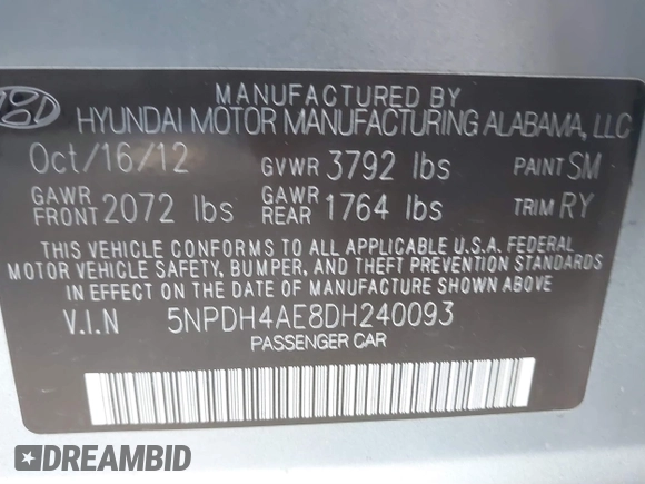 2013 Hyundai Elantra Limited with VIN 5NPDH4AE8DH240093, listed as a IAAI auction lot 41134057 with 131,567 mi miles and . Bid and sale history available at DreamBid. Image 9.