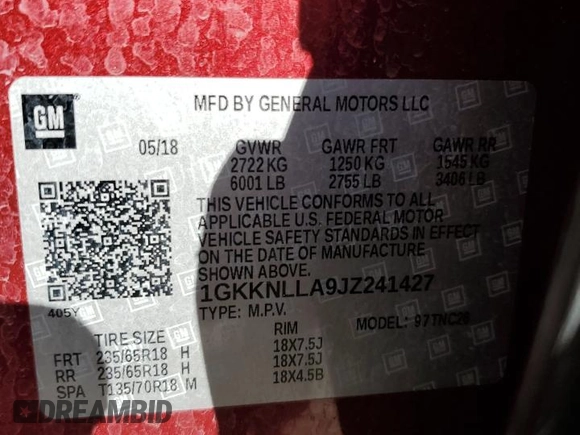2018 GMC Acadia SLE with VIN 1GKKNLLA9JZ241427, listed as a Copart auction lot 43472435 with 95,088 mi miles and Salvage Title. Bid and sale history available at DreamBid. Image 13.