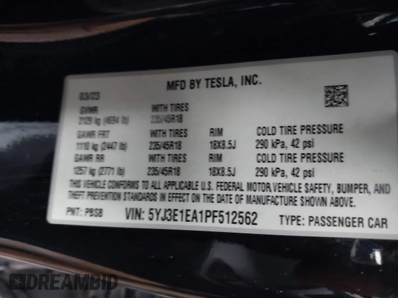 2023 Tesla Model 3 z VIN 5YJ3E1EA1PF512562, wystawiony jako IAAI lot #41719618 z przebiegiem 43 612 mil mil oraz . Historia ofert i sprzedaży dostępna na DreamBid. Obrazek 9.