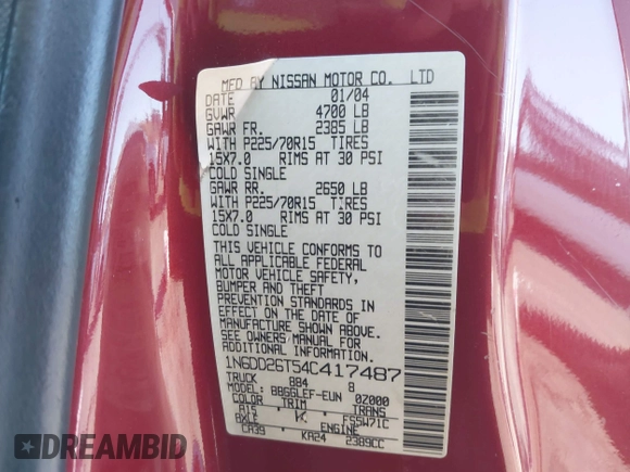 2004 Nissan Frontier XE with VIN 1N6DD26T54C417487, listed as a IAAI auction lot 41838384 with 284,963 mi miles and . Bid and sale history available at DreamBid. Image 9.