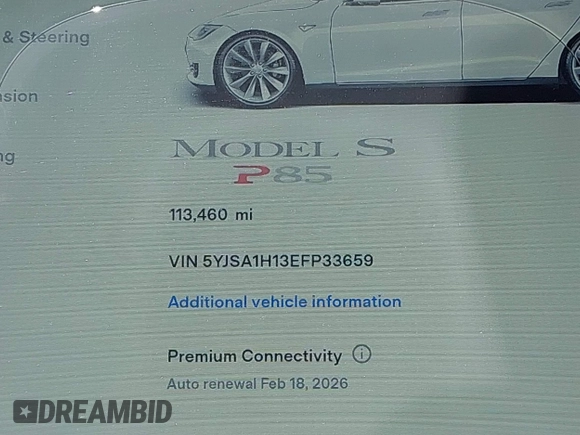 2014 Tesla Model S 60 z VIN 5YJSA1H13EFP33659, wystawiony jako IAAI lot #42101491 z przebiegiem 113 460 mil mil oraz . Historia ofert i sprzedaży dostępna na DreamBid. Obrazek 14.