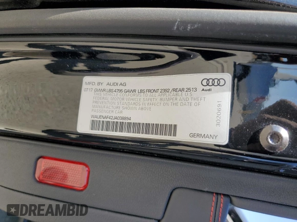 2018 Audi A4 Premium Plus with VIN WAUENAF42JA038894, listed as a Copart auction lot 57449545 with 57,247 mi miles and Salvage title. Bid and sale history available at DreamBid. Image 13.