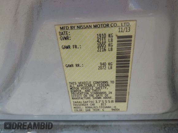 2014 Nissan Altima SV with VIN 1N4AL3AP7EC175558, listed as a IAAI auction lot 41903416 with 214,217 mi miles and . Bid and sale history available at carsss.com. Image 9.
