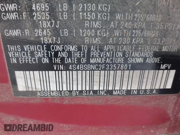 2015 Subaru Outback Limited with VIN 4S4BSBNC2F3357801, listed as a IAAI auction lot 41971069 with 50,560 mi miles and . Bid and sale history available at DreamBid. Image 9.