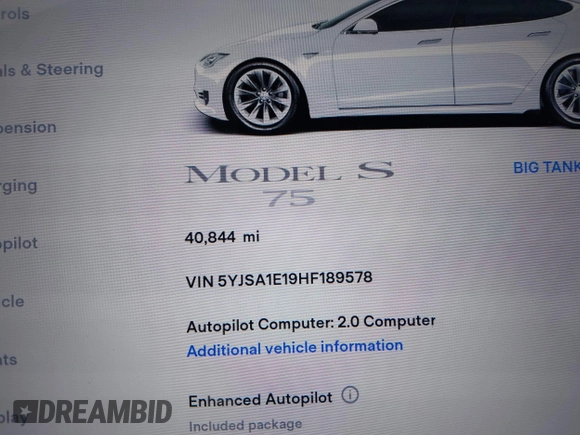 2017 Tesla Model S 60 with VIN 5YJSA1E19HF189578, listed as a IAAI auction lot 42374977 with 40,844 mi miles and . Bid and sale history available at DreamBid. Image 16.