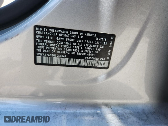 2016 Volkswagen Passat S z VIN 1VWAS7A32GC058844, wystawiony jako Copart lot #63416785 z przebiegiem 104 050 mil mil oraz Szkoda całkowita • Salvage title. Historia ofert i sprzedaży dostępna na DreamBid. Obrazek 12.