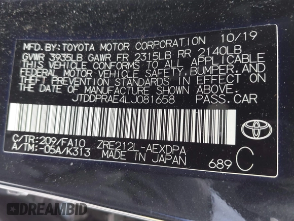 2020 Toyota Corolla L with VIN JTDDPRAE4LJ081658, listed as a IAAI auction lot 41951120 with 34,754 mi miles. Bid and sale history available at carsss.com. Image 9.