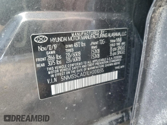 2020 Hyundai Santa Fe Limited with VIN 5NMS5CAD1LH201035, listed as a Copart auction lot 45319945 with 75,964 mi miles and Salvage Title. Bid and sale history available at carsss.com. Image 12.